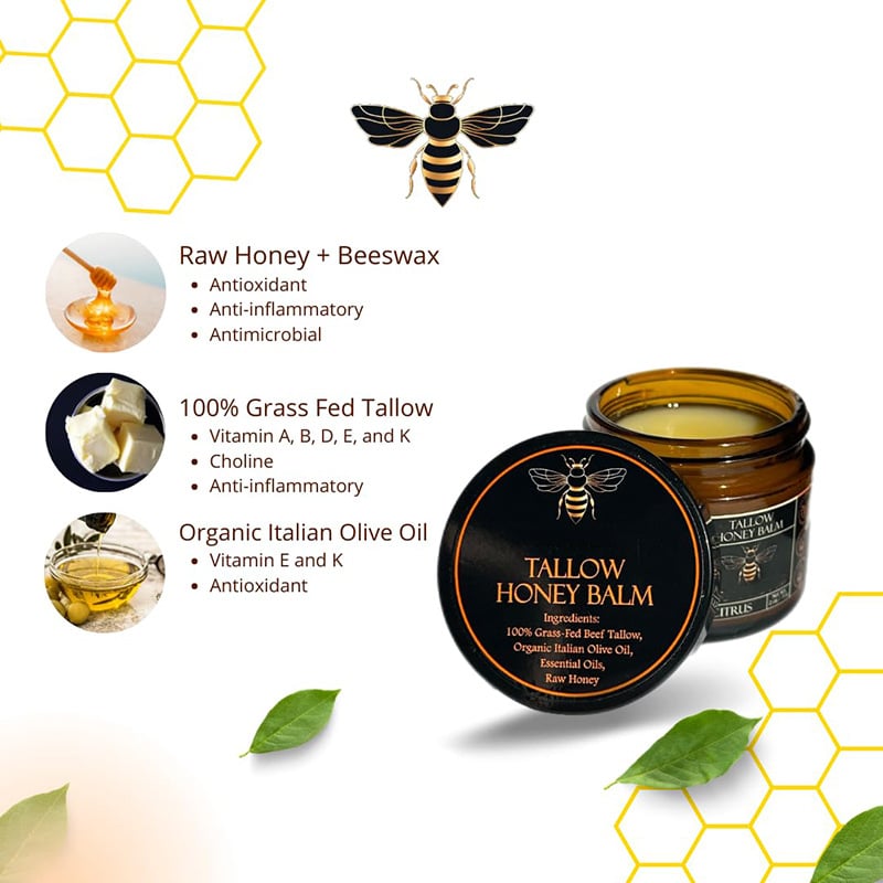 🌿 Organic Grass-Fed Beef Tallow Balm with Raw Honey - Handmade All-Natural Moisturizer for Soft, Smooth, Radiant Skin